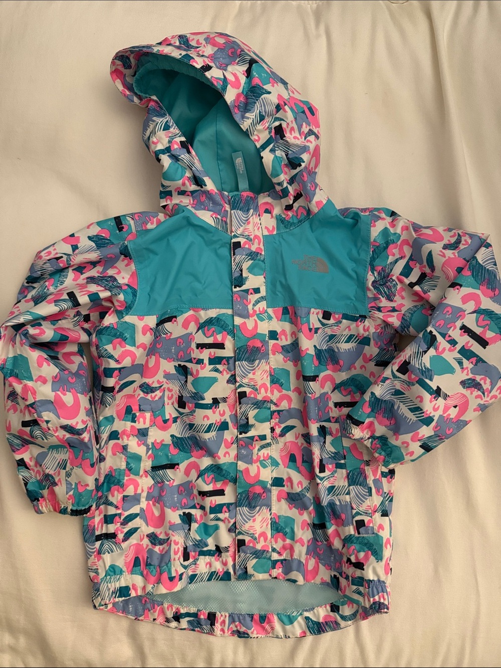 The North Face Girls' Teal, Pink & White Hooded Rain Jacket